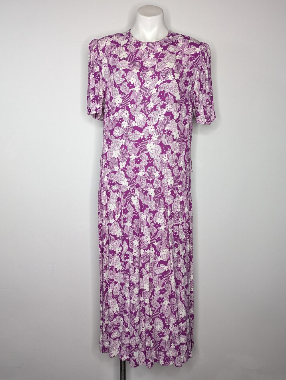 Contact Belle France Purple White Floral Leaf Short Sleeve Maxi Dress 14